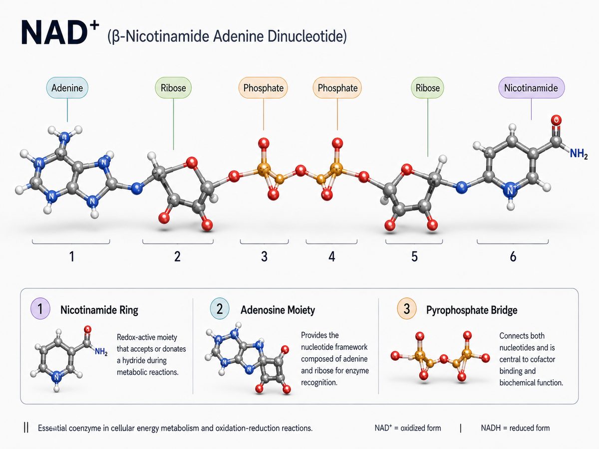 NAD+ molecular structure with nucleotide and phosphate groups