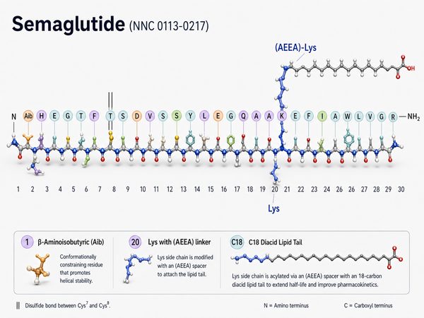 Estructura molecular de Semaglutide con cadena peptídica y cola lipídica
