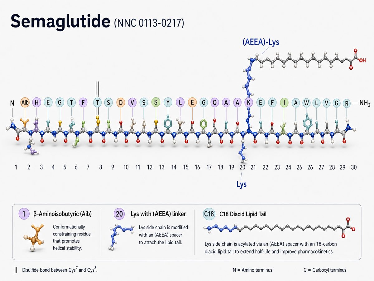 Estructura molecular de Semaglutide con cadena peptídica y cola lipídica